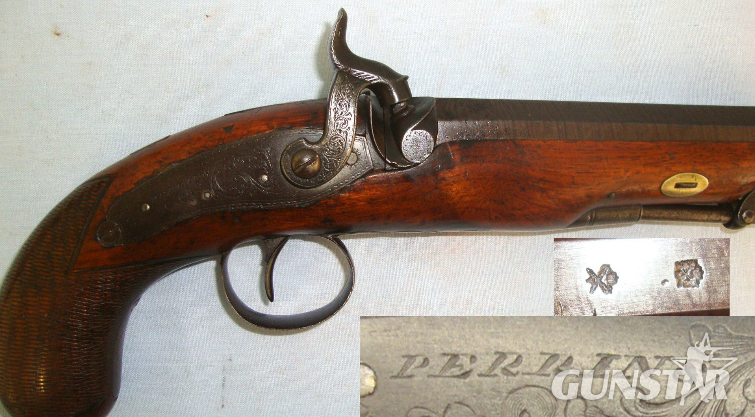 1834-1853 English Perrins (Worcester Or Berkshire) 15 Bore Percussion Overcoat / Traveling Pistol With Octagonal Damascus Steel Barrel & Captive Steel Ram Rod. Sn 22818 None Muzzleloader