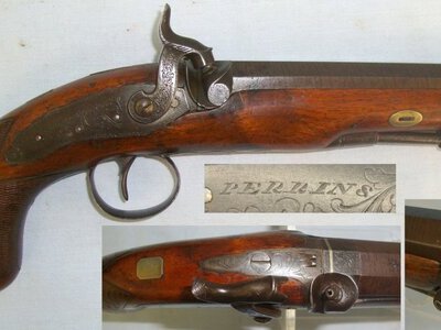1834-1853 English Perrins (Worcester Or Berkshire) 15 Bore Percussion Overcoat / Traveling Pistol With Octagonal Damascus Steel Barrel & Captive Steel Ram Rod. Sn 22818 None Muzzleloader