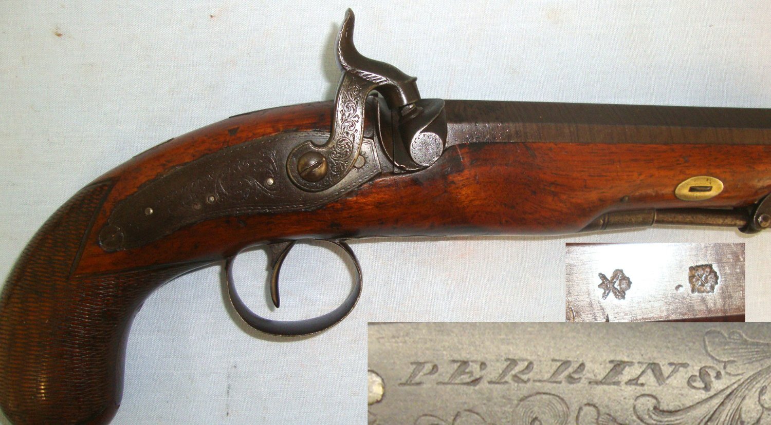 1834-1853 English Perrins (Worcester Or Berkshire) 15 Bore Percussion Overcoat / Traveling Pistol With Octagonal Damascus Steel Barrel & Captive Steel Ram Rod. Sn 22818 None Muzzleloader
