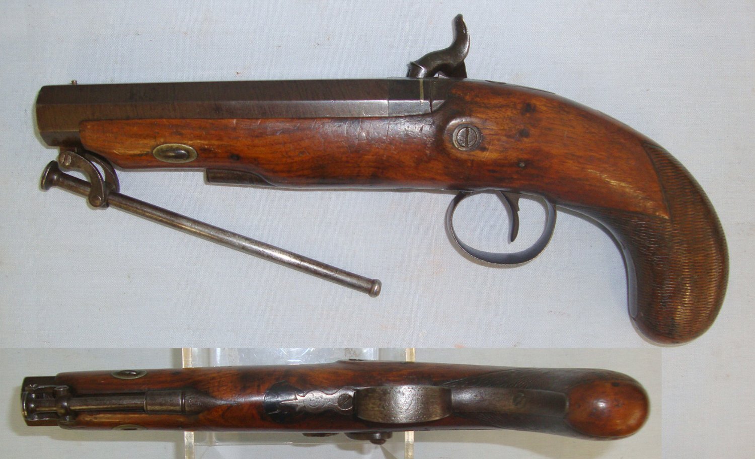  1834-1853 English Perrins (Worcester Or Berkshire) 15 Bore Percussion Overcoat / Traveling Pistol With Octagonal Damascus Steel Barrel & Captive Steel Ram Rod. Sn 22818 None Muzzleloader