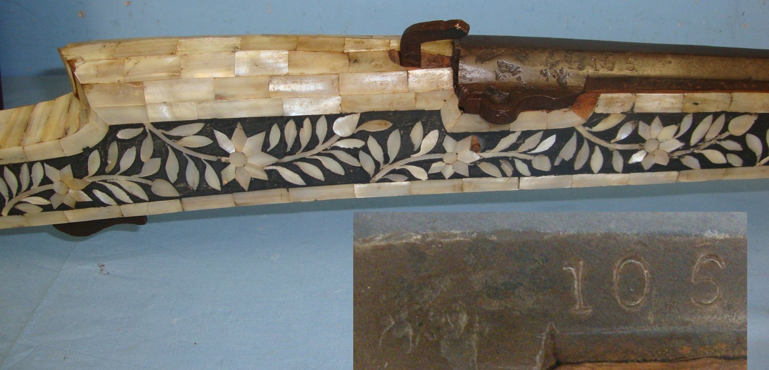 MASSIVE**ORNATE**C1790 Indian North West Frontier Match Lock 22 Bore Musket Wrapped With Plates & Foliate Formations Of Mother Of Pearl & Ram Rod. Sn 22407 Single Shot 20 Bore/gauge Rifle