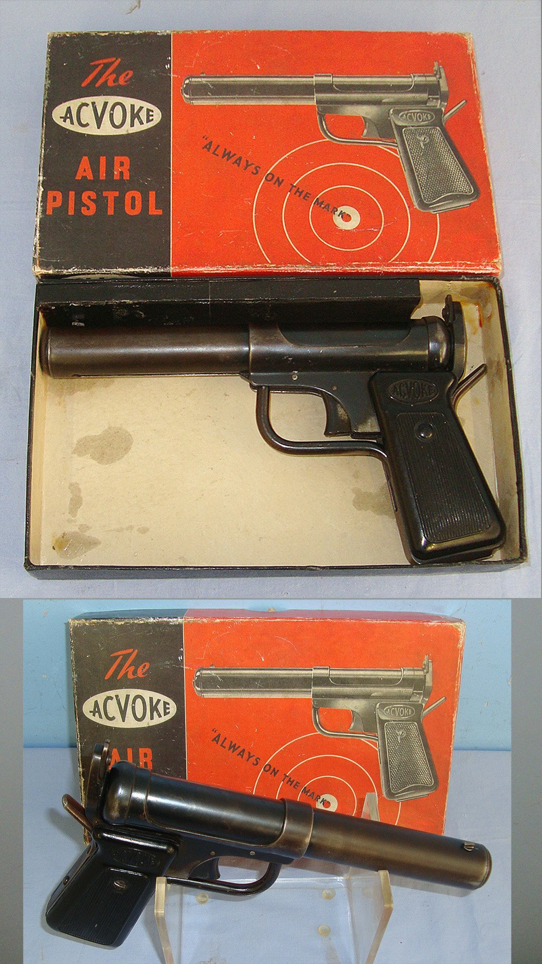 RARE**Boxed, 1946-1956 .177 Calibre, Accles & Shelvoke Ltd, 'Acvoke' Break Action Air Pistol. Sn 23484:53 air pistol .177