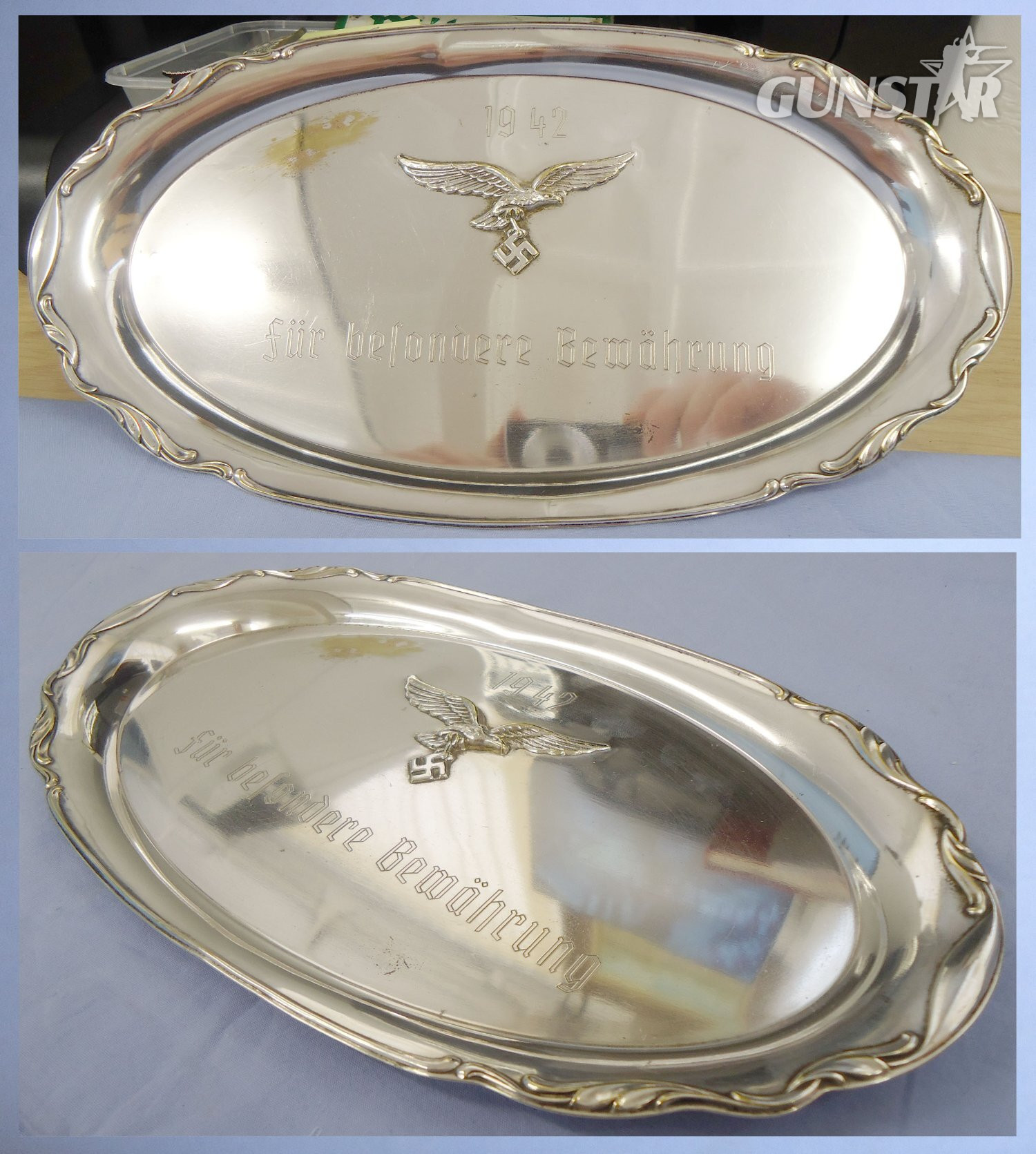 WWII Dated Luftwaffe Silver Presentation/Serving Tray Engraved ‘Fur Besondere Bewahrung’ Translating to ‘For Special Preservation’. 22441:17. WWII Dated Luftwaffe Silver Presentation/Serving Tray Engraved ‘Fur Besondere Bewahrung’ Translating to ‘For Special Preservation’. 22441:17.  Antique & Militaria