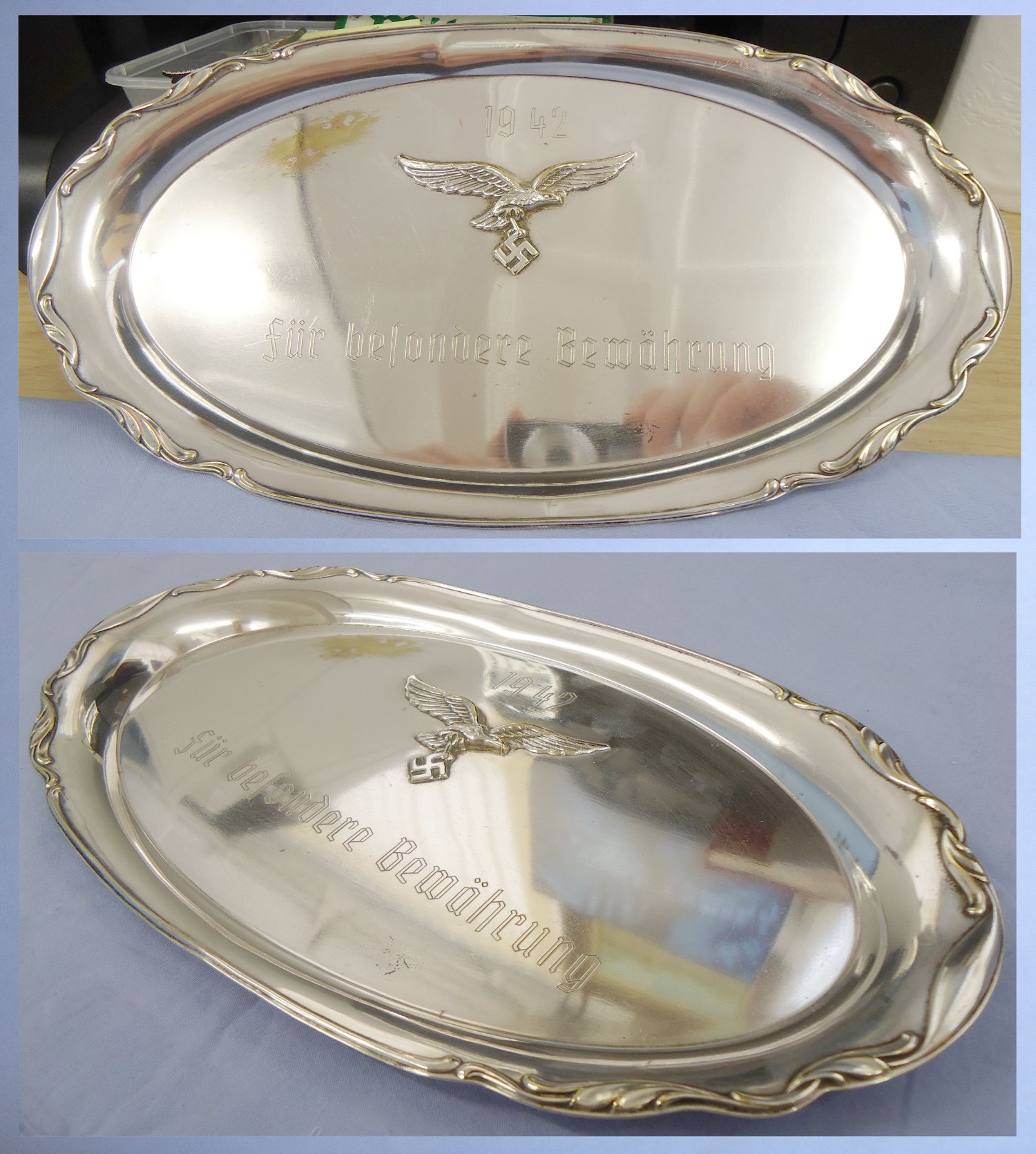 WWII Dated Luftwaffe Silver Presentation/Serving Tray Engraved ‘Fur Besondere Bewahrung’ Translating to ‘For Special Preservation’. 22441:17. WWII Dated Luftwaffe Silver Presentation/Serving Tray Engraved ‘Fur Besondere Bewahrung’ Translating to ‘For Special Preservation’. 22441:17.  Antique & Militaria