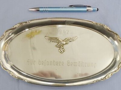 WWII Dated Luftwaffe Silver Presentation/Serving Tray Engraved ‘Fur Besondere Bewahrung’ Translating to ‘For Special Preservation’. 22441:17. WWII Dated Luftwaffe Silver Presentation/Serving Tray Engraved ‘Fur Besondere Bewahrung’ Translating to ‘For Special Preservation’. 22441:17.  Antique & Militaria