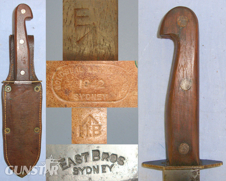 RARE**WW2 Australian WD East Brothers Sydney Wood Grip Scales Hilt Fighting Knife & WD 1942 Leather Scabbard By Goldseal Sydney Knive