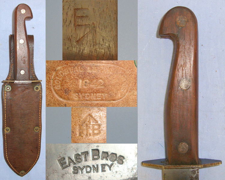 RARE**WW2 Australian WD East Brothers Sydney Wood Grip Scales Hilt Fighting Knife & WD 1942 Leather Scabbard By Goldseal Sydney Knive