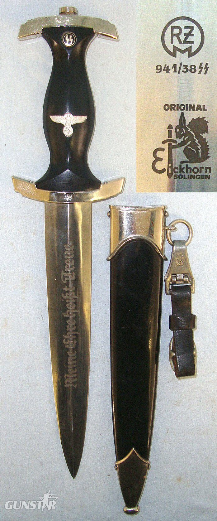 EXCELLENT ORIGINAL**Transitional Production 1938 Dated WW2 Era Nazi German 1933 Pattern SS Man’s Dagger With RZM 941 (Eickhorn) Mark & Carl Eickhorn Solingen 1935-41 Trademark, SS Runes & Loyalty Motto Etched Blade, Scabbard & Maker OLC M5/71 RZM Hanger Dagger in 