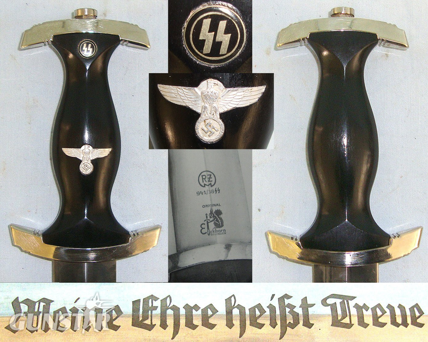 EXCELLENT ORIGINAL**Transitional Production 1938 Dated WW2 Era Nazi German 1933 Pattern SS Man’s Dagger With RZM 941 (Eickhorn) Mark & Carl Eickhorn Solingen 1935-41 Trademark, SS Runes & Loyalty Motto Etched Blade, Scabbard & Maker OLC M5/71 RZM Hanger Dagger