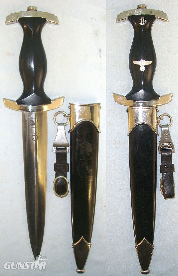  EXCELLENT ORIGINAL**Transitional Production 1938 Dated WW2 Era Nazi German 1933 Pattern SS Man’s Dagger With RZM 941 (Eickhorn) Mark & Carl Eickhorn Solingen 1935-41 Trademark, SS Runes & Loyalty Motto Etched Blade, Scabbard & Maker OLC M5/71 RZM Hanger Dagger
