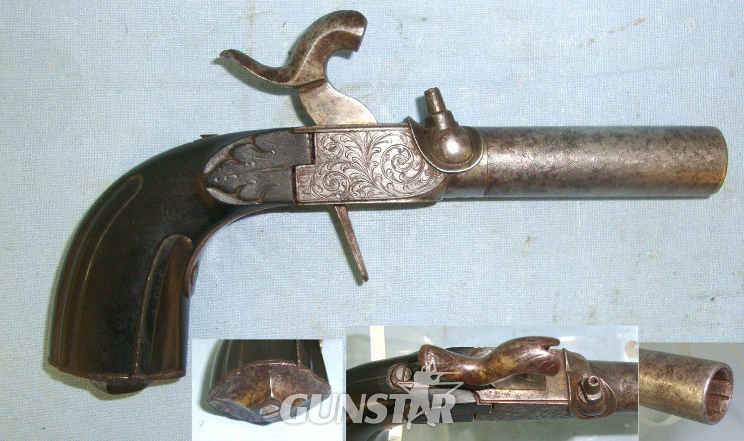 C1830 Liege Belgium 50 Bore Percussion Pocket Pistol With Screw Off Rifled Barrel, Folding Concealed Trigger. Sn 22426:46 .50 Cal Muzzleloader Muzzleloader