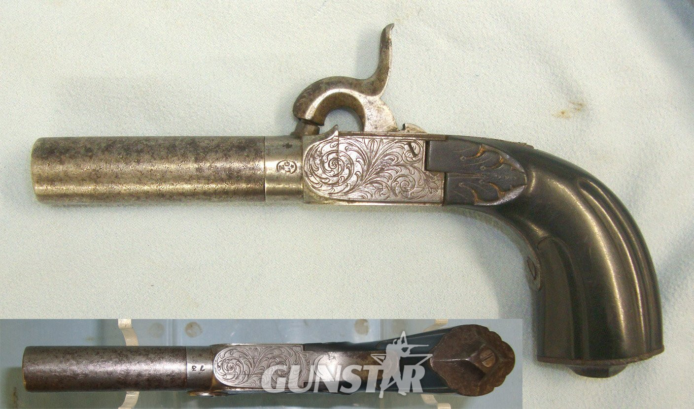  C1830 Liege Belgium 50 Bore Percussion Pocket Pistol With Screw Off Rifled Barrel, Folding Concealed Trigger. Sn 22426:46 .50 Cal Muzzleloader Muzzleloader
