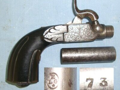 C1830 Liege Belgium 50 Bore Percussion Pocket Pistol With Screw Off Rifled Barrel, Folding Concealed Trigger. Sn 22426:46 .50 Muzzleloader