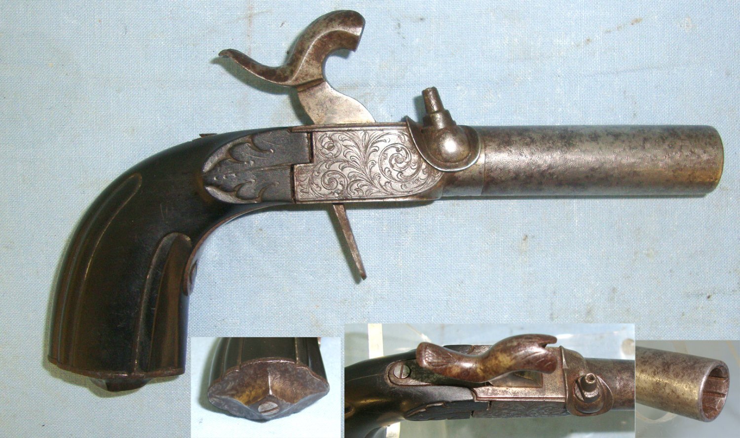 C1830 Liege Belgium 50 Bore Percussion Pocket Pistol With Screw Off Rifled Barrel, Folding Concealed Trigger. Sn 22426:46 .50 Cal Muzzleloader Muzzleloader