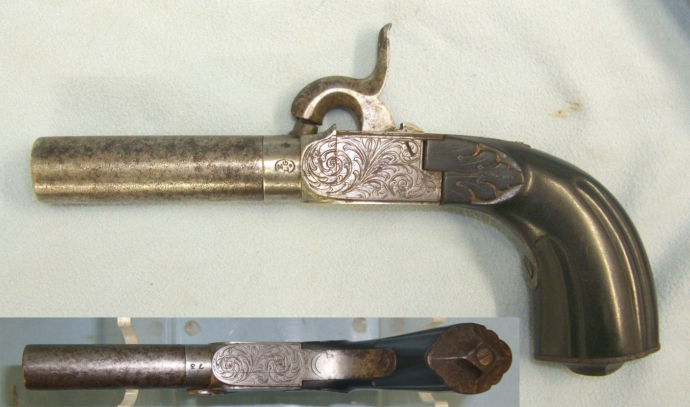  C1830 Liege Belgium 50 Bore Percussion Pocket Pistol With Screw Off Rifled Barrel, Folding Concealed Trigger. Sn 22426:46 .50 Cal Muzzleloader Muzzleloader