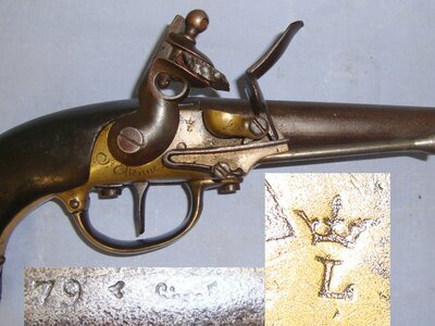 RARE**American Revolutionary War & Napoleonic Wars Era**1779 Dated French Saint-Etienne Arsenal Model 1777 Officer’s Brass Action Flintlock .650 Carbine Calibre Belt Pistol With Iron Ram Rod. Sn 23052 .65 Cal Muzzleloader Muzzleloader