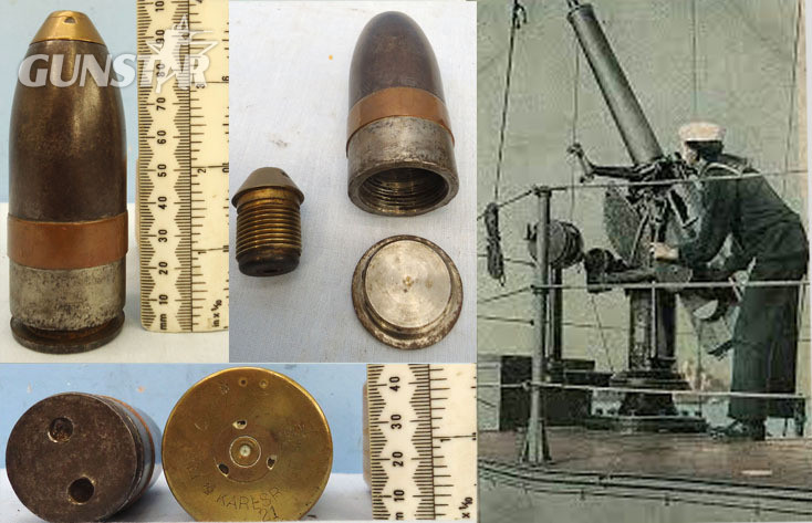  DEACTIVATED INERT. Imperial German Naval 1900 Dated 37mm (37 x 94R) Pom Pom Nose Fused HE (High Explosive) Round. - O 1639 DEACTIVATED INERT. Imperial German Naval 1900 Dated 37mm (37 x 94R) Pom Pom Nose Fused HE (High Explosive) Round. - O 1639  Other Ammunition