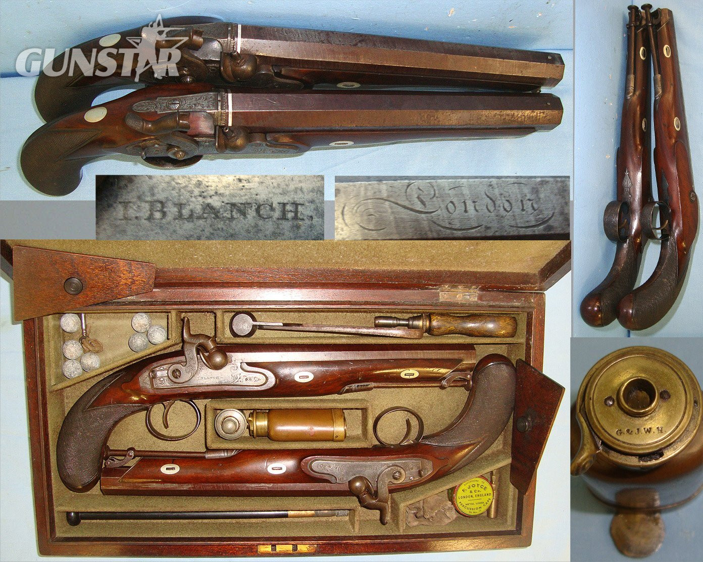 QUALITY**Victorian Era Pair Of English Blanch London 16 Bore Percussion Traveling Pistols  With Octagonal Damascus Steel Barrels & Accessories. Sn 23319  16 Bore/gauge Muzzleloader