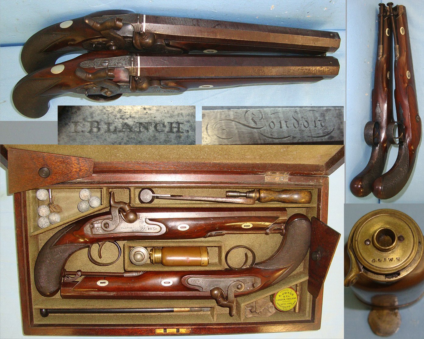 QUALITY**Victorian Era Pair Of English Blanch London 16 Bore Percussion Traveling Pistols  With Octagonal Damascus Steel Barrels & Accessories. Sn 23319  16 Bore/gauge Muzzleloader