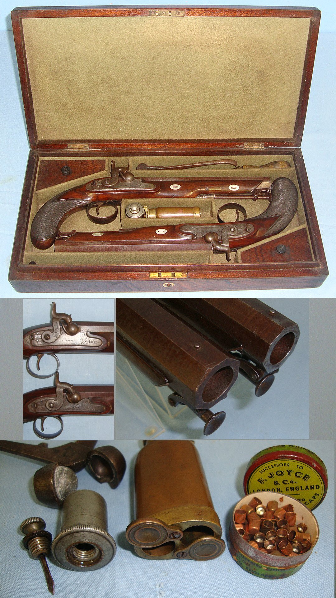  QUALITY**Victorian Era Pair Of English Blanch London 16 Bore Percussion Traveling Pistols  With Octagonal Damascus Steel Barrels & Accessories. Sn 23319  16 Bore/gauge Muzzleloader