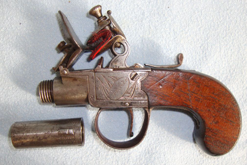  Thomas Spencer C1820 English Thomas Spencer ,London, .45” Bore Flintlock Pocket Pistol With Screw Off Barrel. Sn 12795. None Single Shot