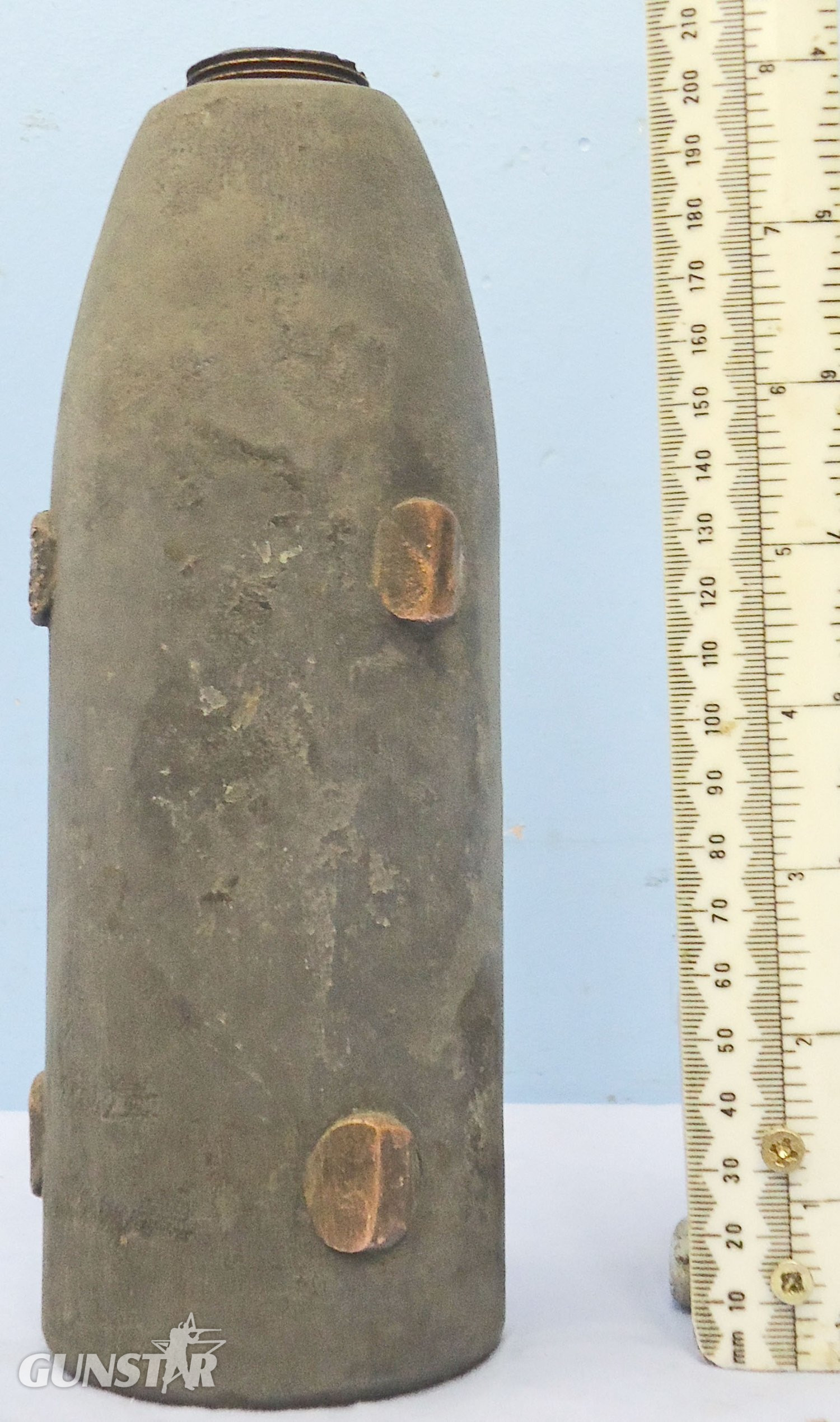 INERT DEACTIVATED. Rare, Victorian, British 9 Pounder RML (Rifled Muzzle Loading) Explosive Projectile with Brass Transit Plug. Sn - 22991 INERT DEACTIVATED. Rare, Victorian, British 9 Pounder RML (Rifled Muzzle Loading) Explosive Projectile with Brass Transit Plug. Sn - 22991 Various Other Ammunition - {CATEGORY} in 