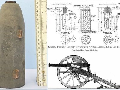 INERT DEACTIVATED. Rare, Victorian, British 9 Pounder RML (Rifled Muzzle Loading) Explosive Projectile with Brass Transit Plug. Sn - 22991 INERT DEACTIVATED. Rare, Victorian, British 9 Pounder RML (Rifled Muzzle Loading) Explosive Projectile with Brass Transit Plug. Sn - 22991 Various Other Ammunition
