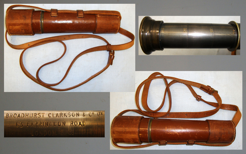  WWI 4 Draw Leather Bound Brass Telescope with Extending Sun Visor Cover by Broadhurst Clarkson & Co. OPT 820 WWI 4 Draw Leather Bound Brass Telescope with Extending Sun Visor Cover by Broadhurst Clarkson & Co. OPT 820 Other Accessory