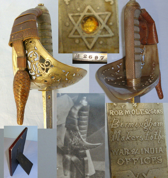 QUALITY MAKER**Boer War Era British Robert Mole & Sons Birmingham 1897 Pattern Rifle Brigade Officers Sword With Etched Blade Number M2697 Press Stud Hilt Fitting With Acorn, Scabbard & Period Photograph Of An Officer In Uniform With Sword Sword