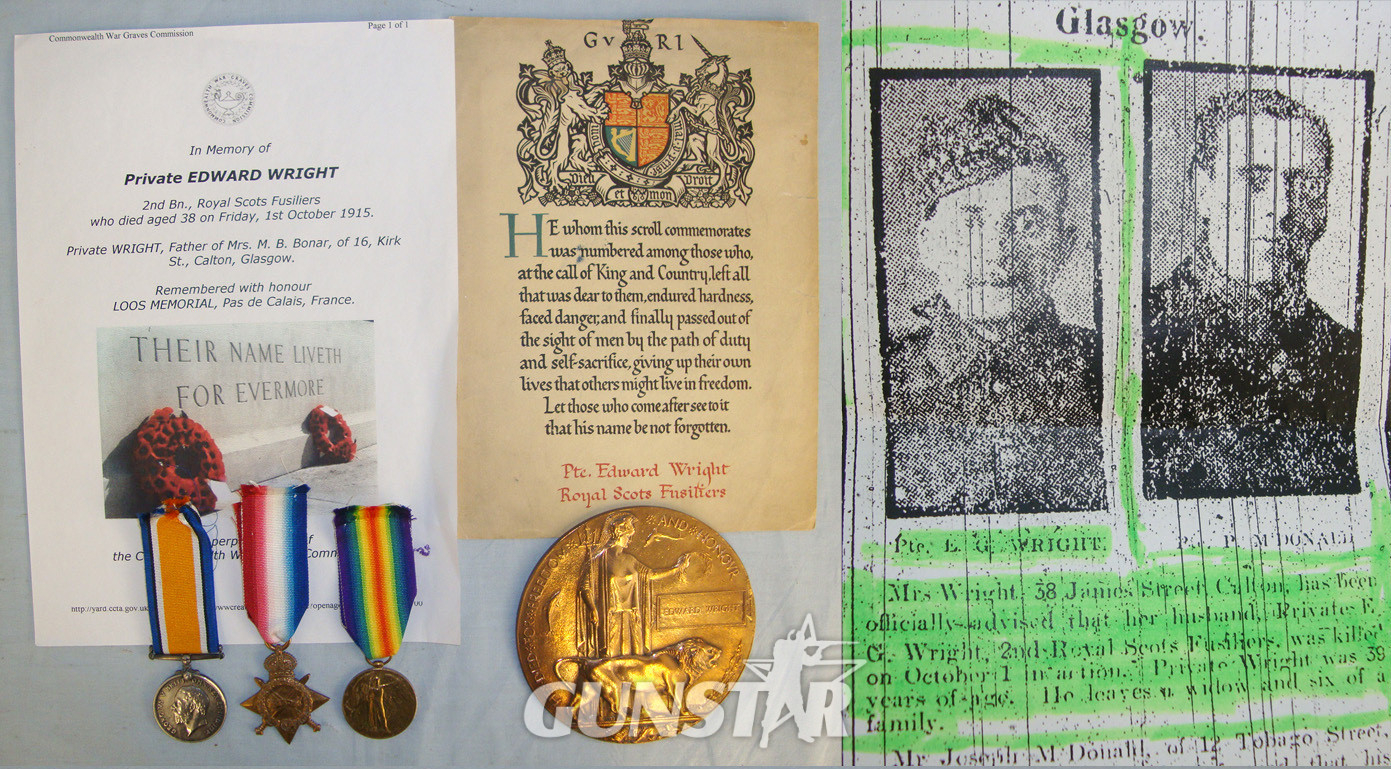 WW1 British Medal Trio, War Medal, 1914-15 Star, Victory Medal, Death Plaque & Research Dossier To Pte 17539 E. Wright 2nd Bn Royal Scots Fusiliers KIA 1st October 1915. M 134  Other Accessory in 