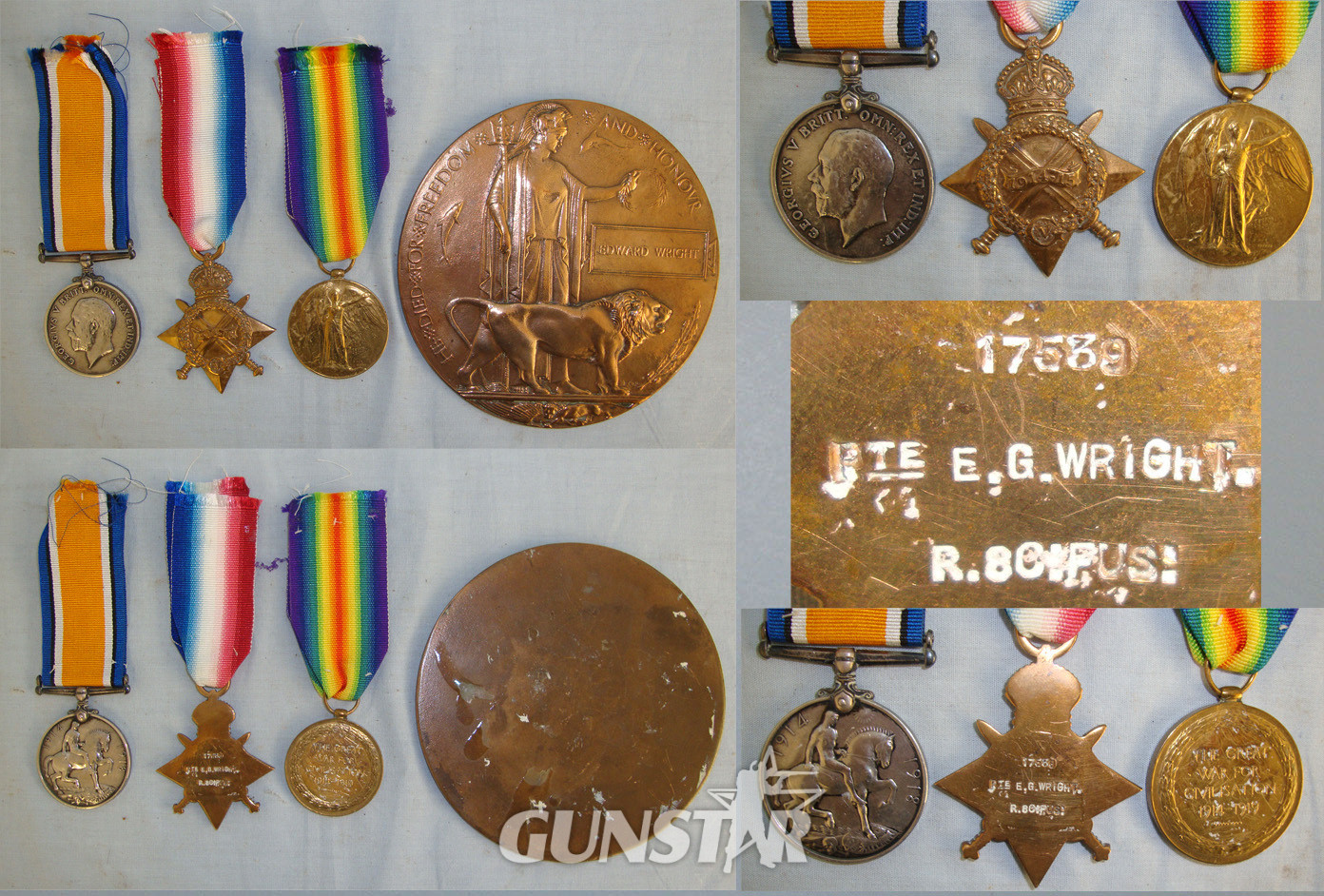 WW1 British Medal Trio, War Medal, 1914-15 Star, Victory Medal, Death Plaque & Research Dossier To Pte 17539 E. Wright 2nd Bn Royal Scots Fusiliers KIA 1st October 1915. M 134  Other Accessory