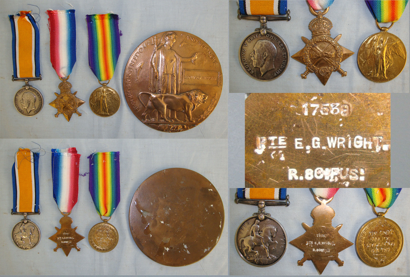 WW1 British Medal Trio, War Medal, 1914-15 Star, Victory Medal, Death Plaque & Research Dossier To Pte 17539 E. Wright 2nd Bn Royal Scots Fusiliers KIA 1st October 1915. M 134  Other Accessory