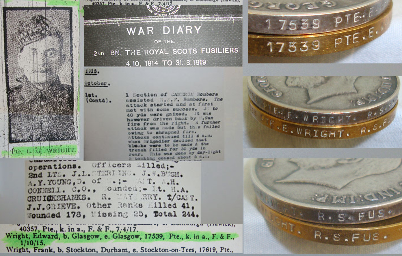  WW1 British Medal Trio, War Medal, 1914-15 Star, Victory Medal, Death Plaque & Research Dossier To Pte 17539 E. Wright 2nd Bn Royal Scots Fusiliers KIA 1st October 1915. M 134  Other Accessory