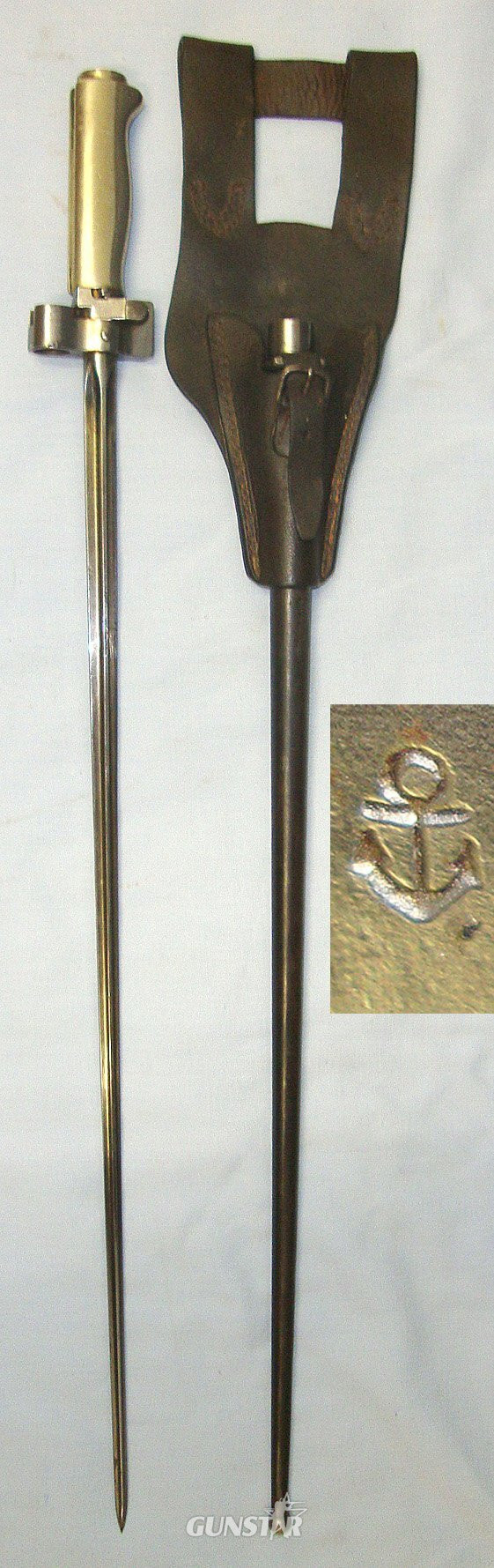 MATCHING NAVAL ANCHOR MARKS**WW1 Era French Troupes Coloniales / Fusiliers-Marins (Marines) Marked Lebel M1886/93/16 Cruciform Epee Bayonet, Scabbard & Leather Frog. Sn 22890 Bayonet in 