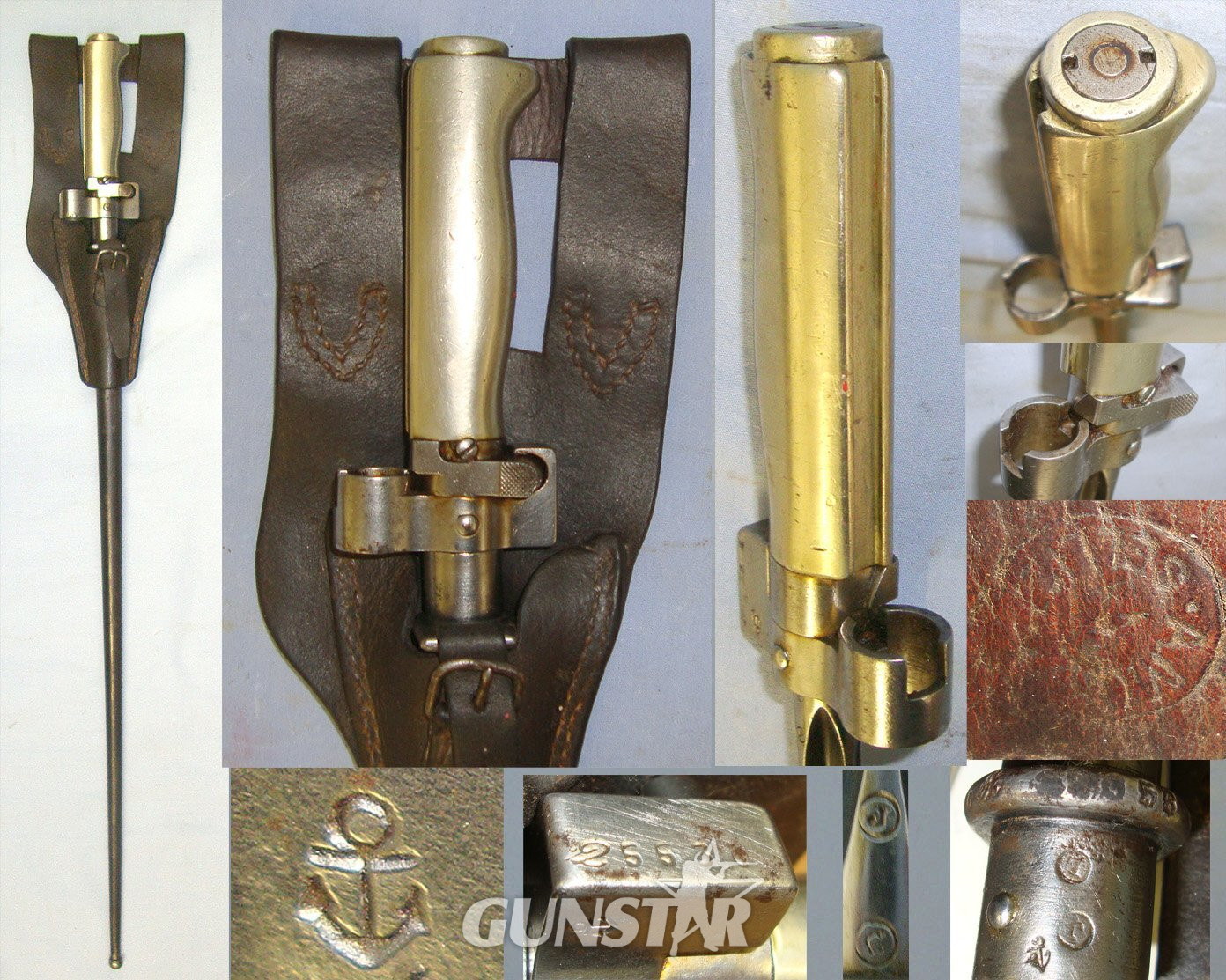 MATCHING NAVAL ANCHOR MARKS**WW1 Era French Troupes Coloniales / Fusiliers-Marins (Marines) Marked Lebel M1886/93/16 Cruciform Epee Bayonet, Scabbard & Leather Frog. Sn 22890 Bayonet