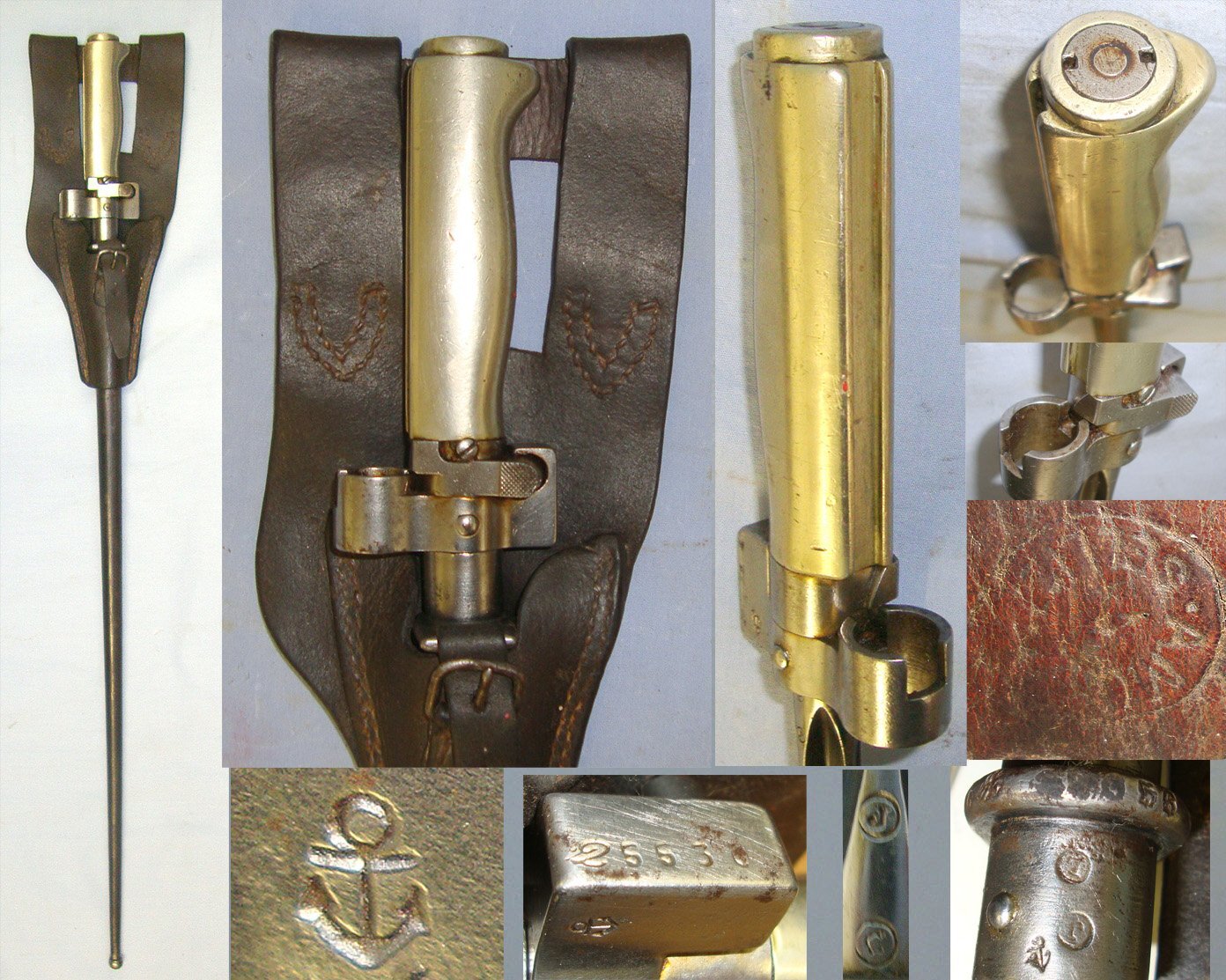 MATCHING NAVAL ANCHOR MARKS**WW1 Era French Troupes Coloniales / Fusiliers-Marins (Marines) Marked Lebel M1886/93/16 Cruciform Epee Bayonet, Scabbard & Leather Frog. Sn 22890 Bayonet