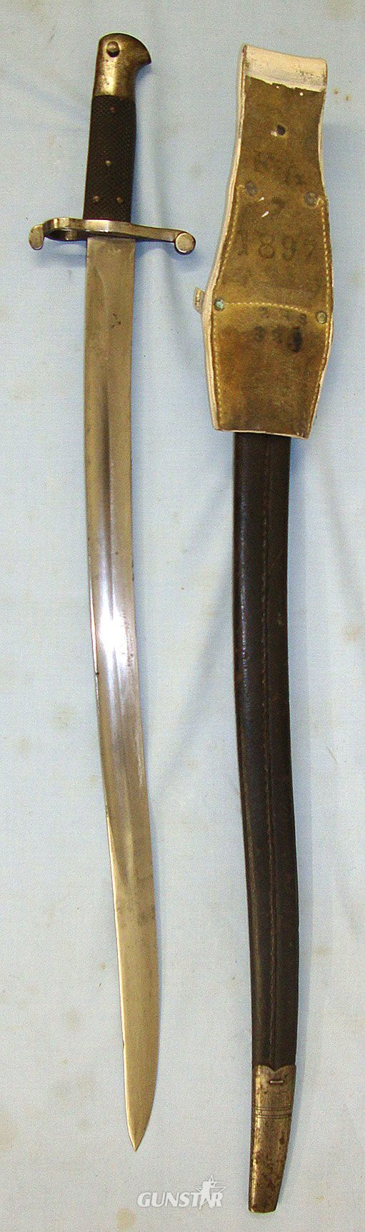  British Militia / Volunteers Pattern 1856/58 Yatahgan Sword Bayonet With German Blade By A&AS (August & Albert Schnitzler Solingen), Scabbard & 1897 Slade Wallace Buff Leather Frog. BAYO 901 Bayonet