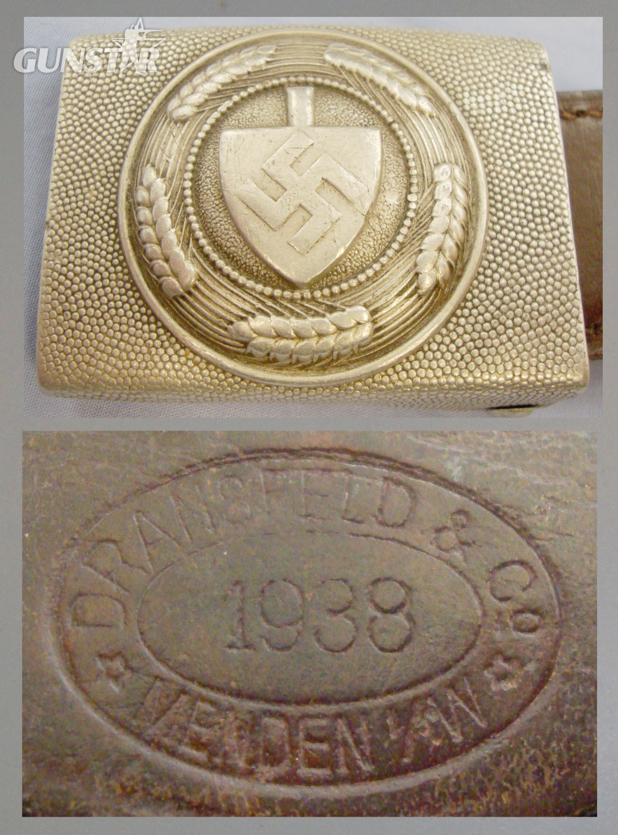 Genuine RAD (Reichsarbeitsdienst) Aluminium Belt Buckle and Leather Tab Dated 1938 by Manufacturer Dransfield & Co Menden. Sn 7607. Genuine RAD (Reichsarbeitsdienst) Aluminium Belt Buckle and Leather Tab Dated 1938 by Manufacturer Dransfield & Co Menden. Sn 7607. Antique & Militaria