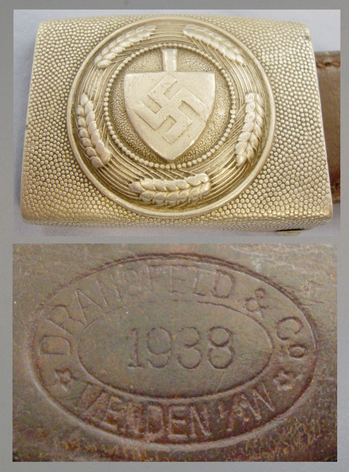 Genuine RAD (Reichsarbeitsdienst) Aluminium Belt Buckle and Leather Tab Dated 1938 by Manufacturer Dransfield & Co Menden. Sn 7607. Genuine RAD (Reichsarbeitsdienst) Aluminium Belt Buckle and Leather Tab Dated 1938 by Manufacturer Dransfield & Co Menden. Sn 7607. Antique & Militaria