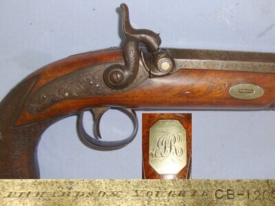 MINT BORE**19th Century Irish Richardson Youghal (County Cork) 25 Bore Percussion Traveling Pistol With C1843 Irish Registration Mark CB-1202 (Cork Borough), Octagonal Barrel & Captive Steel Ram Rod. Sn 22739 None Muzzleloader