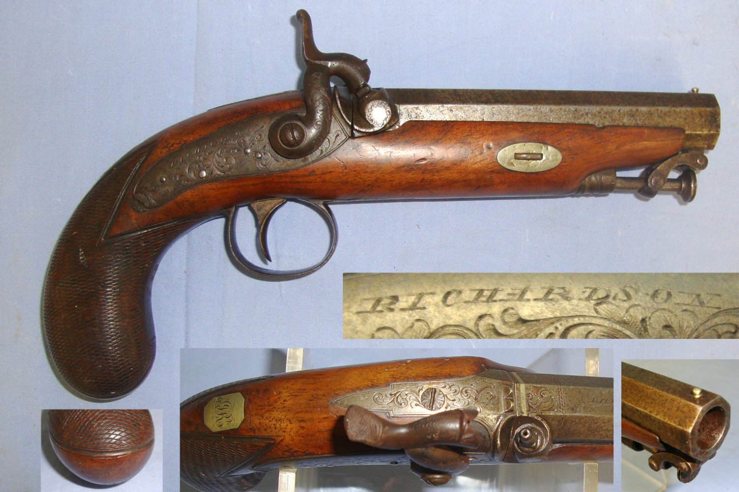 MINT BORE**19th Century Irish Richardson Youghal (County Cork) 25 Bore Percussion Traveling Pistol With C1843 Irish Registration Mark CB-1202 (Cork Borough), Octagonal Barrel & Captive Steel Ram Rod. Sn 22739 None Muzzleloader