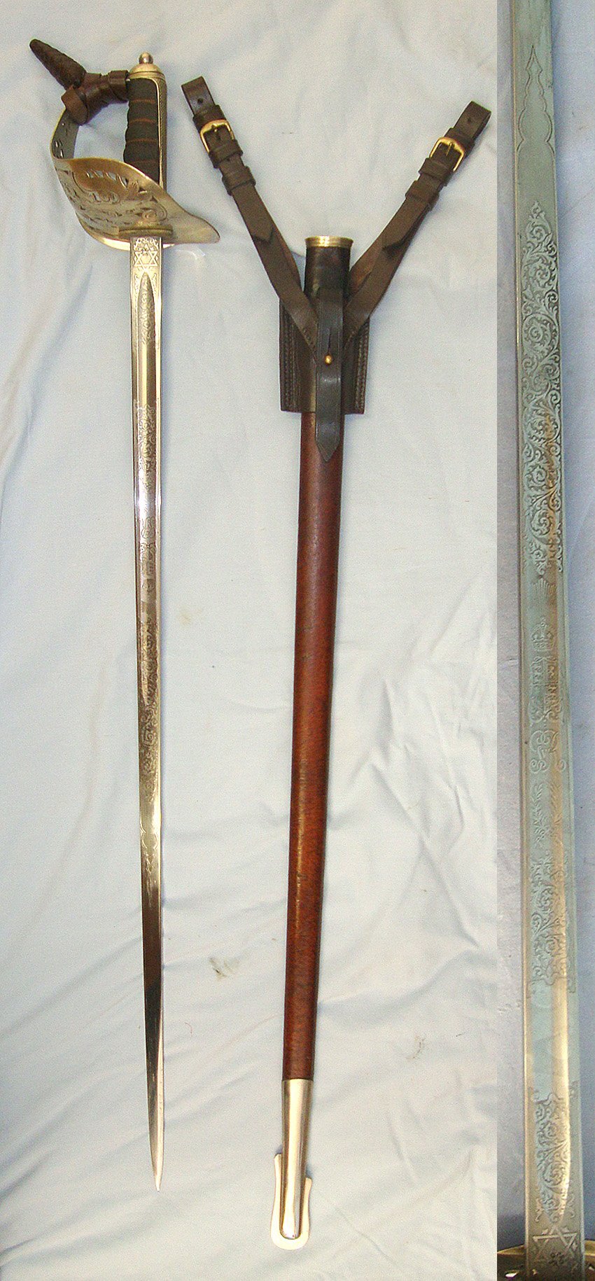 WW1 Era British WD 1897 Pattern Watson & Gillot Sheffield Infantry Officer’s Sword With King George V Guard, Etched Blade, Leather Officer’s Cord & Acorn Knot, Leather Covered Field Service Scabbard & Sam Browne Leather Frog. Sn 23484:84 Sword