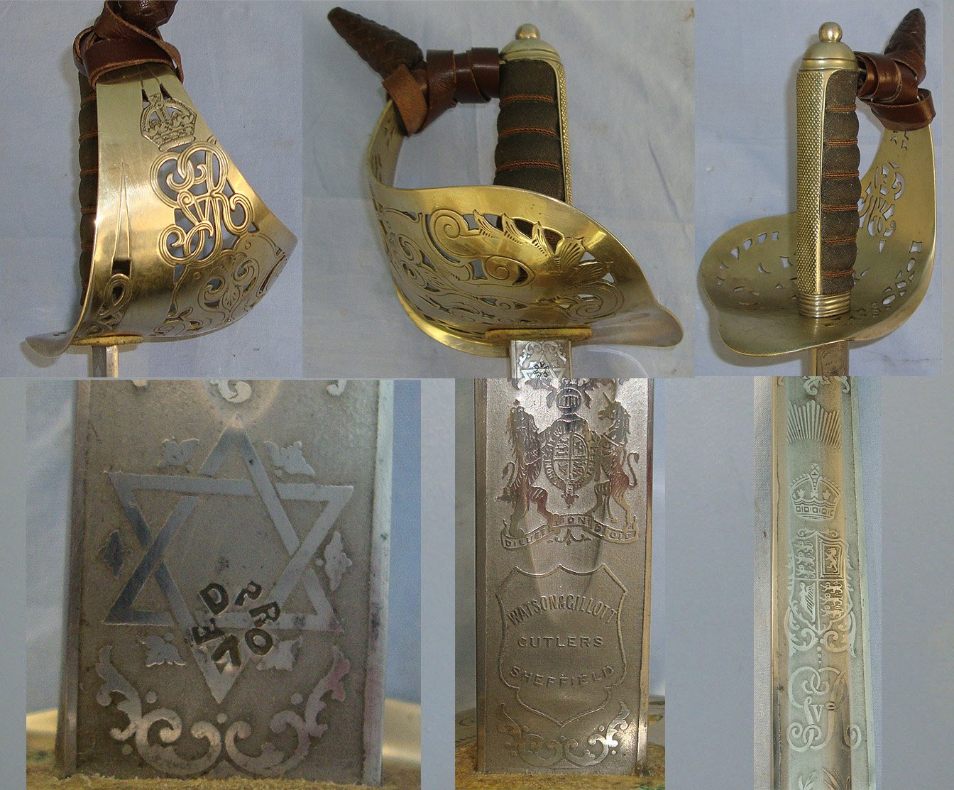 WW1 Era British WD 1897 Pattern Watson & Gillot Sheffield Infantry Officer’s Sword With King George V Guard, Etched Blade, Leather Officer’s Cord & Acorn Knot, Leather Covered Field Service Scabbard & Sam Browne Leather Frog. Sn 23484:84 Sword