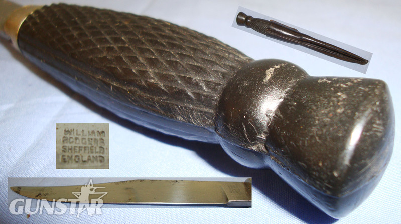 William Rodgers Of Sheffield, England Ebony Handled Bowie Knife & Black Leather Sheath. Sn 13889. Dagger