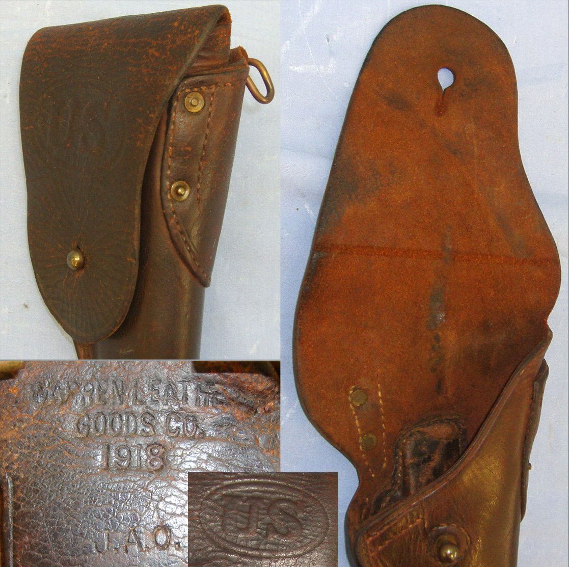 SCARCE**WW1 1918 U.S. Army Warren Leather Goods Company Holster For .45 ACP Calibre Colt 1911 & 1911A1 Semi Automatic Pistols With ‘JAO’ Army Inspector’s Mark. Sn 21952 Care & Storage