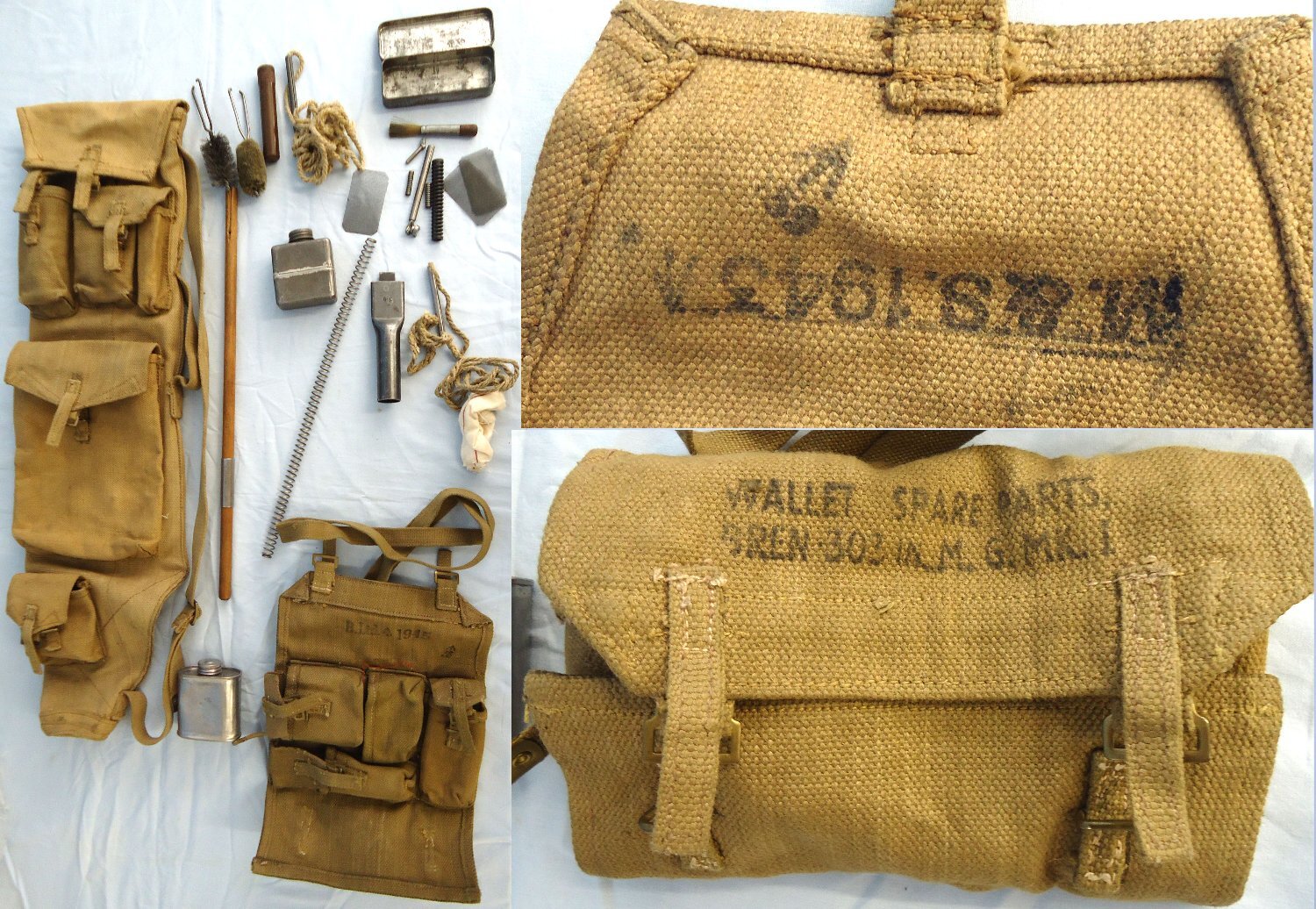 WW2, 1943 Dated, ’37 Webbing Pattern Bren Gun Parts/Spare Barrel Bag Complete with the Spare Parts Wallet and Contents. MISC 1023 Various Machine Gun