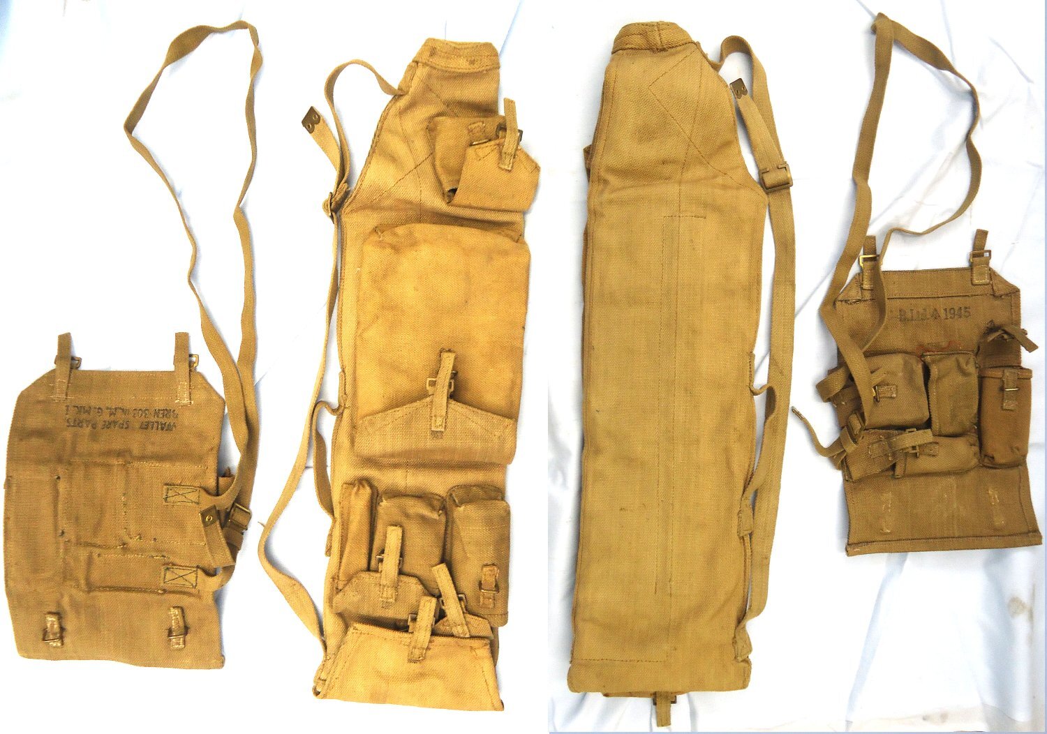  WW2, 1943 Dated, ’37 Webbing Pattern Bren Gun Parts/Spare Barrel Bag Complete with the Spare Parts Wallet and Contents. MISC 1023 Various Machine Gun