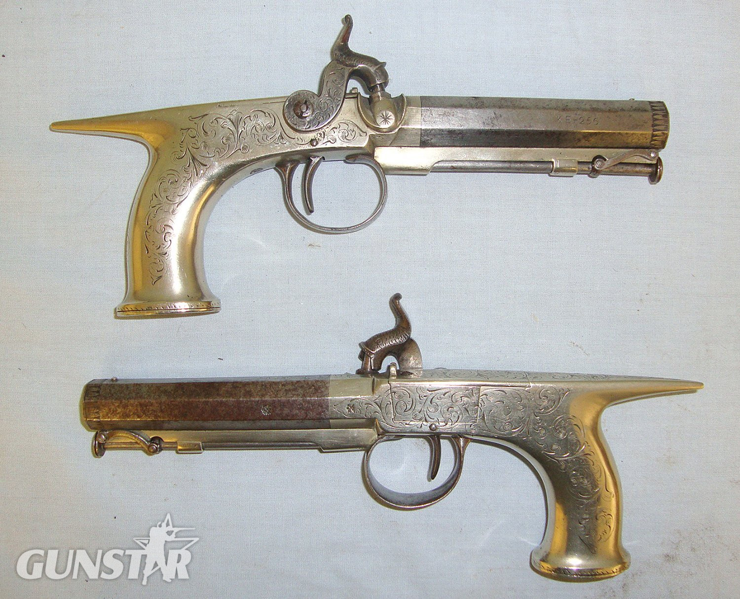 1830 Pair Of Scottish Form 54 Bore German Silver & Steel Construction Saw Handle Percussion Pistols With 1843-1846 Irish Registration Marks ‘KE-256’(County Kerry) Octagonal Barrels & Captive Steel Ram Rods. Sn 18241 percussion pistols .54 Cal Muzzleloader Single Shot