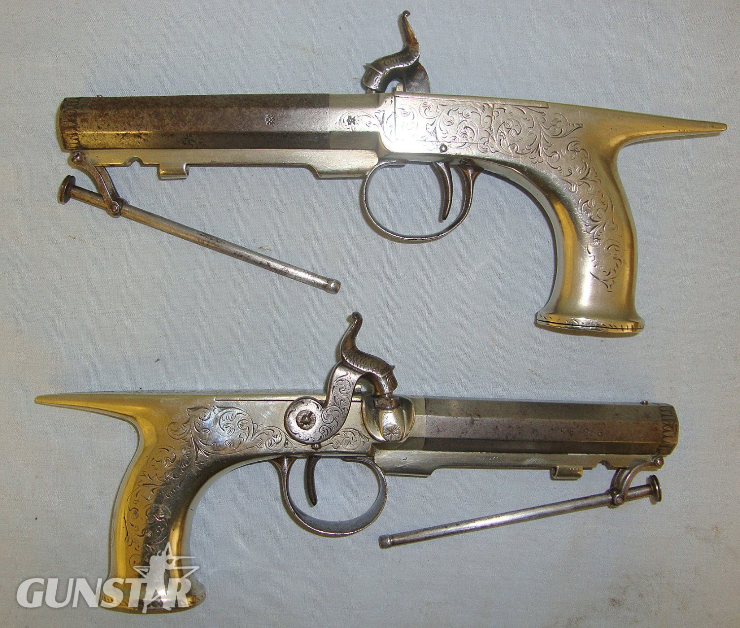  1830 Pair Of Scottish Form 54 Bore German Silver & Steel Construction Saw Handle Percussion Pistols With 1843-1846 Irish Registration Marks ‘KE-256’(County Kerry) Octagonal Barrels & Captive Steel Ram Rods. Sn 18241 percussion pistols .54 Cal Muzzleloader Single Shot