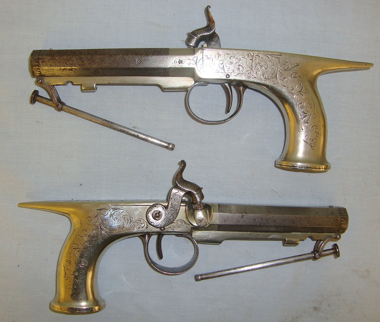  1830 Pair Of Scottish Form 54 Bore German Silver & Steel Construction Saw Handle Percussion Pistols With 1843-1846 Irish Registration Marks ‘KE-256’(County Kerry) Octagonal Barrels & Captive Steel Ram Rods. Sn 18241 percussion pistols .54 Cal Muzzleloader Single Shot